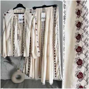 Zara Co-Ord Set Ethnic Boho Embroidered Skirt Blouse NWT - Picture 1 of 4