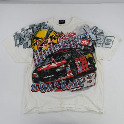 Vintage VTG 90s Ricky Rudd NASCAR All-Over Print T Shirt, XL, Signed White Cover