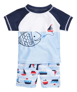 FIRST IMPRESSIONS NEW INFANT 2PC FISH SAILBOAT RASH GUARD SWIM TRANKS UPF50 6-9M - Picture 1 of 4