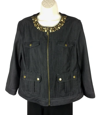 Ruby Rd Dark Denim Jacket Size 10 Metallic Bling Pockets Glam Snap Closure - Image 1 of 4