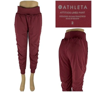 Athleta Damen 2 Attitude gefütterte Hose Jogginghose geraffte Seiten rot Polyestermischung gebraucht, in einwandfreiem Zustand - Bild 1 von 11