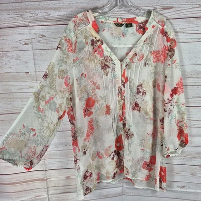 Eddie Bauer Top Sz TXXL Sheer Floral Button Up Blouse White Orange Boho Comfy  - Image 1 of 4