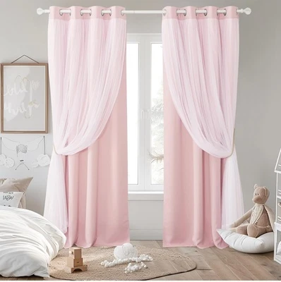 Pony Dance Pink Curtains With Sheer Overlay, Gold Tie Backs Included 52x95inch - Image 1 of 4
