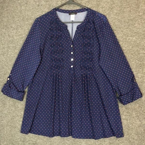 Camisa túnica Cocomo para mujer XL azul marino a lunares plisada botón lengüeta enrollable delantera - Imagen 1 de 11