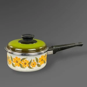Floral Enamelware Small Sauce Pan Yellow Daisies Green Lid Cookware - Picture 1 of 11