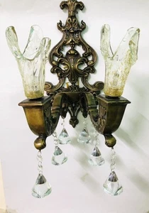 Antique Wall Light Copper & Crystals Glass Drops Wall Fixtures Candelabra Lamp - Picture 1 of 12