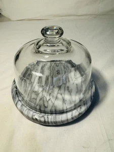 White And Grey Marble Cheese Plate with Clear Glass Dome Round - Picture 1 of 9