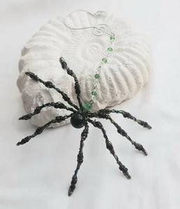 Green & Black Beaded Spider Glass Beads Window Hanging Gift Handmade - Picture 1 of 12