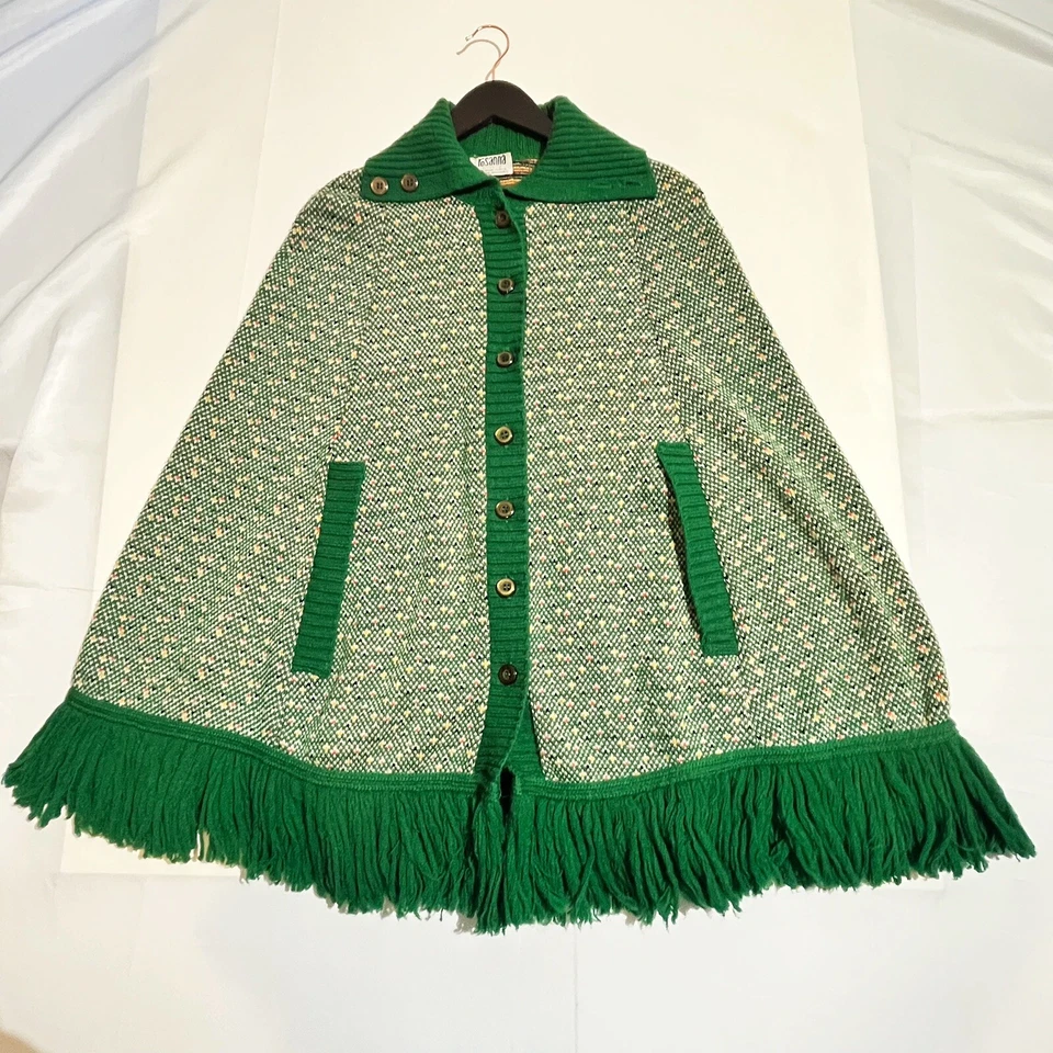 Mantón punteado vintage años 60 70 Rosanna Wintuk verde arco iris flecos capa envoltura O/S Foto 1 de 4
