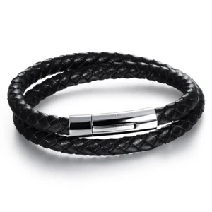 Mens Double-layer Stainless Steel Clasp Black Braided Leather Cord Bracelet Wrap - Picture 1 of 9