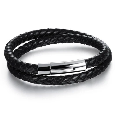 Mens Double-layer Stainless Steel Clasp Black Braided Leather Cord Bracelet Wrap - Image 1 of 4