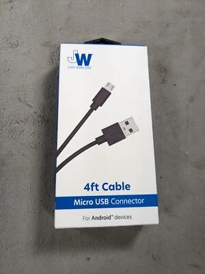 Just Wireless 4ft Micro USB Connector Flat Cable for Android Devices ~ Black - Image 1 of 4
