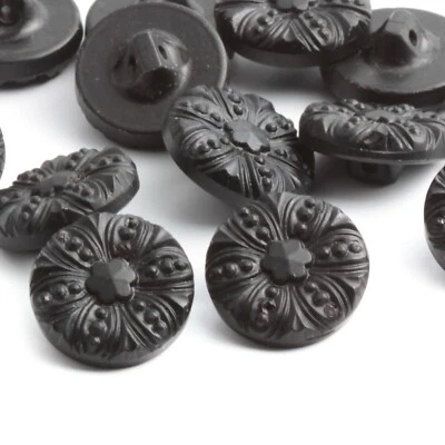 Lot (12) Vintage Czech marcasite effect flower black glass buttons 18mm - Image 1 of 3