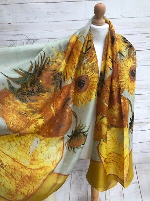 Ladies Women 100% SILK Painter Van Gogh Sunflowers Print YELLOW Fashion Scarf