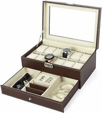 12 Slots Watch Jewelry Display Case Organizer with Glass Top Drawer Glass Lid