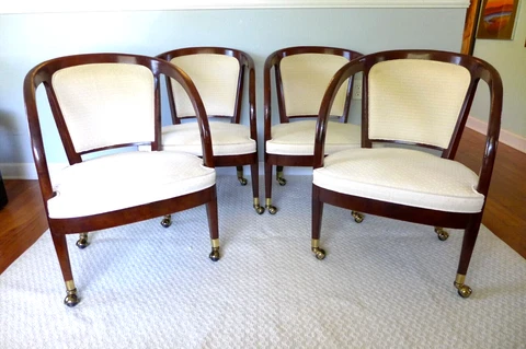 4 Henredon Armchairs White Upholstered Dining Chairs with Brass Casters Vintage Cover