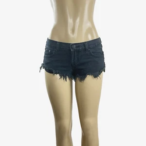 Cucharadita One X One No. 2’s Micro Shorts Talla 26 Negro Denim Envejecido Dobladillo Crudo - Imagen 1 de 13