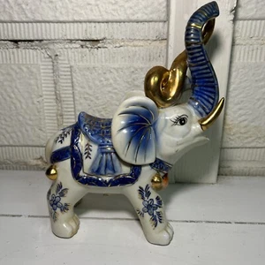 Asian Style Ceramic Glazed Decorated Elephant Statue Figurine Blue, Gold, White - Picture 1 of 9