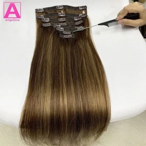 P4/27 Straight Clip In Human Hair Extensions Full Head Brazilian Hair for Women - Picture 1 of 7