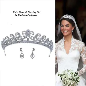 Bridal Tiara & Earrings set Kate Middleton Royal Wedding  3A CZ Rhodium Plated - Picture 1 of 12
