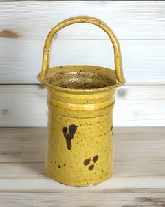 Vintage Mustard Yellow Stoneware Pottery Basket/Utensil Caddy, signed M - Picture 1 of 11