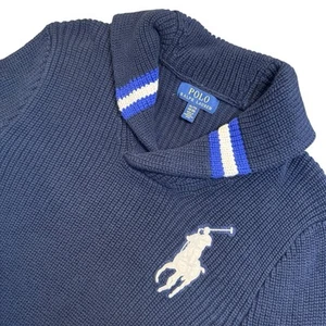 Polo Ralph Lauren Boys XL Cotton Knit Shawl Collar Sweater Navy Blue Big Pony - Picture 1 of 9