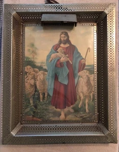 JESUS CHRISTUS HÄLT ein BABY LAMM beleuchteter Messing Bilderrahmen 17" x 21" - Bild 1 von 6