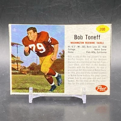 1962 Post Cereal #200 Bob Toneff  Washington Redskins Vintage Football Card - Image 1 of 2