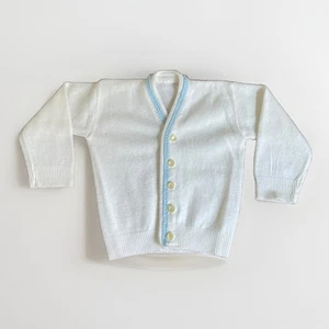 Vintage 50s 60s White Knit Cardigan Sweater Blue Boy Unisex Girl Toddler 4T 3T - Picture 1 of 4