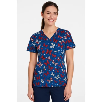Spread Good Cheer Womens Size XS Top Blue/red Scrub VNeck Butterfly Print - Image 1 of 4
