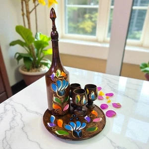 MCM Hand Painted Wooden Sake Decanter Set 11" Decanter, 3 Mini Chalices, & Tray - Picture 1 of 24