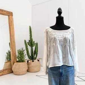 Free People Women’s M Sheer Embroidered Eyelet Front Oversized Top Ivory - Picture 1 of 13