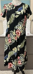 Vintage Hibiscus Collection Hawaiian Dress Black w/ Red Flowers & Palm Fronds M - Picture 1 of 10