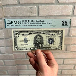 1934D $5 Five Dollar Federal Reserve Note Bill FR#1654WI Wide I PMG Graded VF 35 - Picture 1 of 6