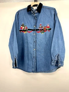 Bobbie Bobbie brooks Christmas denim embroidered long sleeves chambray shirt L - Picture 1 of 11