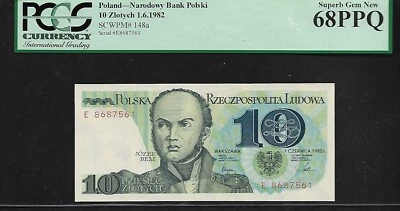 Poland 10 Zlotych 1982 PCGS 68 PPQ UNC P#148a Series E General Bem - Image 1 of 3