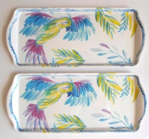 Tropical Parrot Serving Trays Platters 2pc set Coastal Palm Leaves Melamine 15x7 - Picture 1 of 1