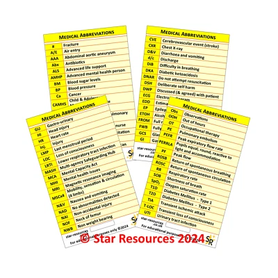 STAR RESOURCES Medical Abbreviations ID Badge Flash Cards Student Paramedics Ambulance, Nurses