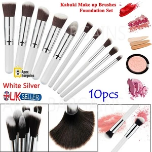 10pcs Kabuki Make up Brush Set Brushes Blusher Face Powder Brush White & Silver - Picture 1 of 11