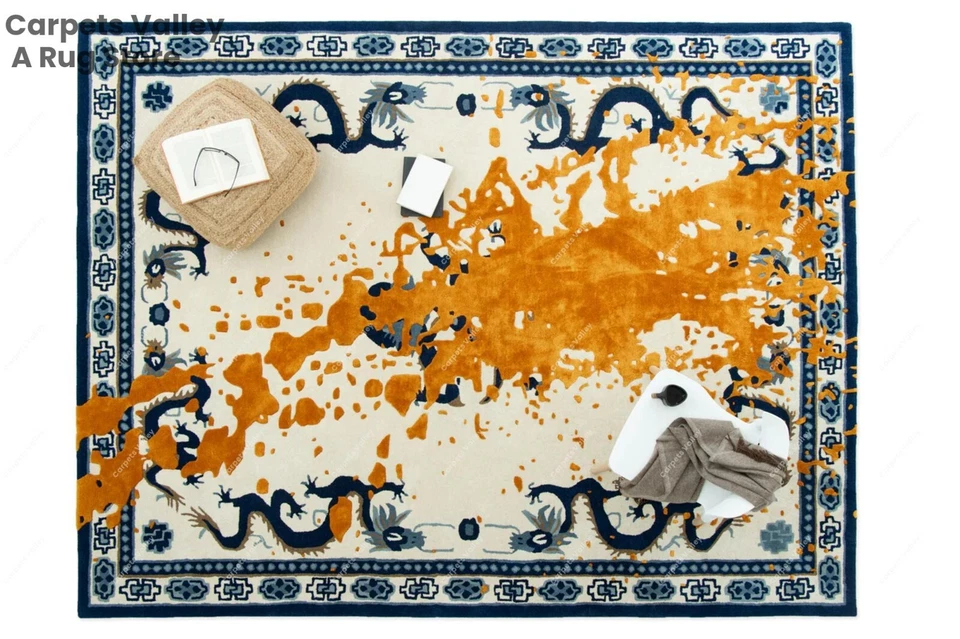 Alfombra de lana hecha a mano Dragon Gold acolchada a mano alfombra para hogar, sala, dormitorio Foto 1 de 4