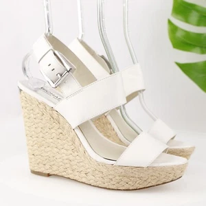 Michael Kors Women Posey Sandal Size 8.5 White Leather Raffia Wedge Platform - Picture 1 of 14