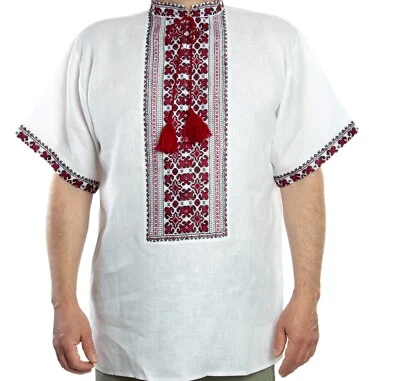 Vyshyvanka for men hand Embroidery LINEN White Short sleeve shirt Ukraine Easter - Image 1 of 4