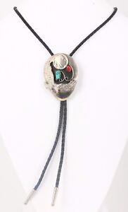 SILVER TURQUOISE/ RED STONES INDIAN NICKEL HEAD EAGLE BOLO TIE FINE 5015B