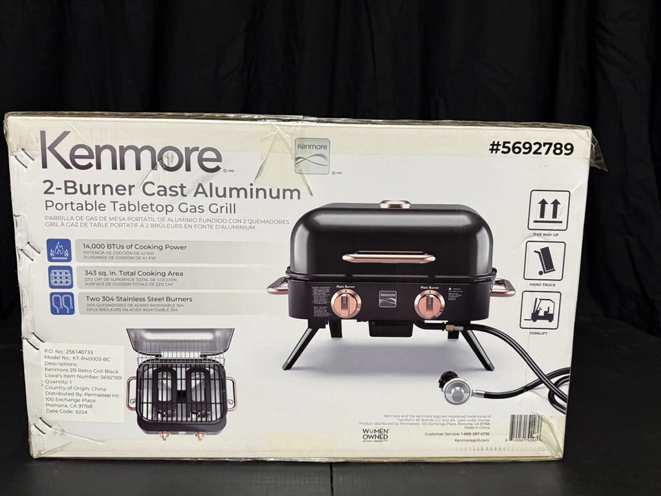 KENMORE Portable Grill 23"W 2-Burner Retro Porcelain-Coated Cast Iron Navy Blue - Image 1 of 3