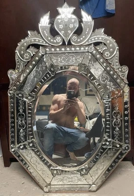 Espejo de pared antiguo veneciano italiano octogonal grabado Foto 1 de 2