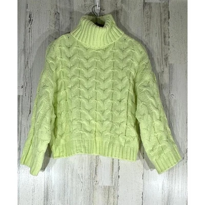 Elie Tahari Chunky Cable Knit Cropped Turtleneck Sweater XS Oversized Pale Lime - Image 1 of 4