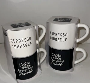 2 Sets Espresso Yourself Stackable Coffee Mugs Black & White 12oz 2 Mugs Per Set - Picture 1 of 13