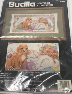 Bucilla Stamped Cross-stitch Kit 40488 Playful Pals Puppy/Kitten Vintage 1990 - Picture 1 of 7