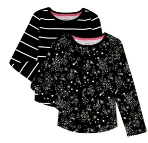 Girls Long Sleeved Shirts Set Of Two Black & White Stars Stripes - Picture 1 of 9
