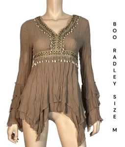 🌻BOO RADLEY SIZE M /10AU BEADED & CROCHET CRINKLE LOOK LAYERED ASYMMETRICAL TOP - Picture 1 of 11